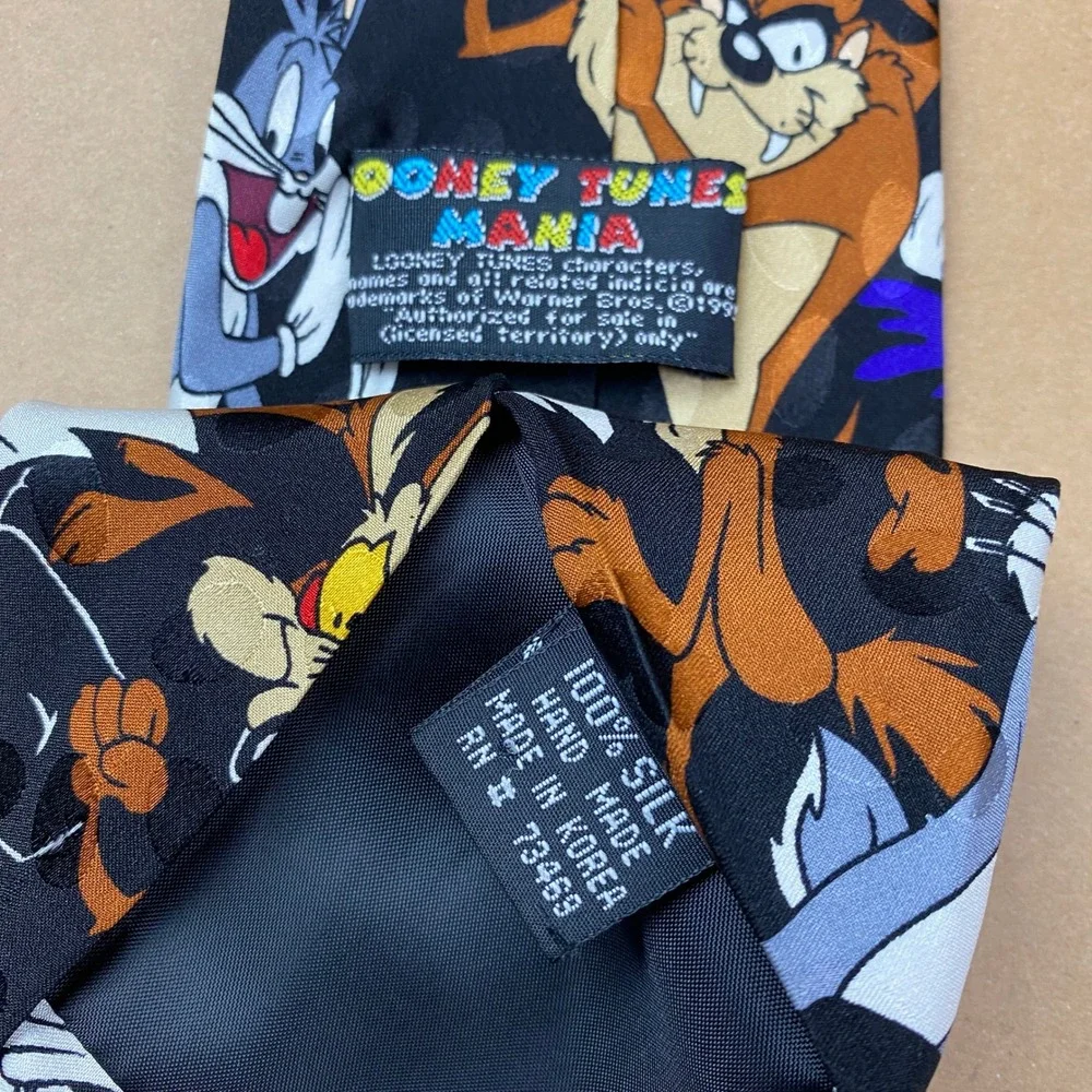 VTG Looney Tunes Mania Mens OS Black Silk Character Print Bugs Bunny Taz Tie